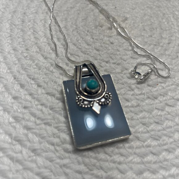 Stunning BLUE CHALCEDONY & TURQUOISE Handmade Sterling 925 Pendant/Chain #395D - Picture 1 of 3